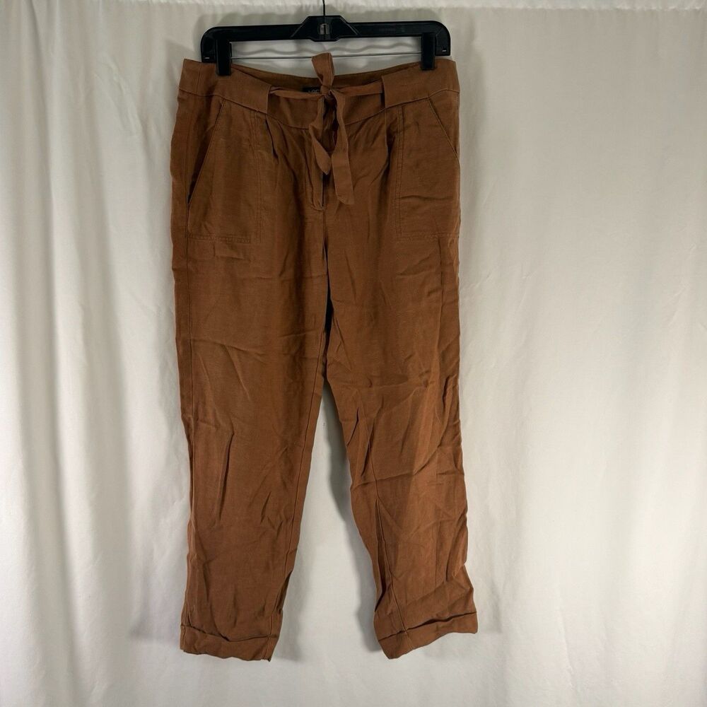 LOFT Linen Blend Pants Women's 4 Brown Tie Front Mid Rise Tapered Jogger